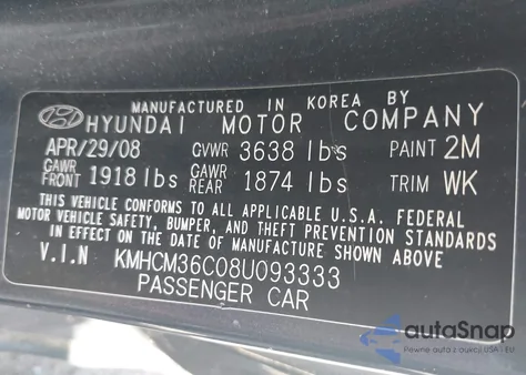 2008 Hyundai Accent Gs from USA, damaged, VIN KMHCM36C08U093333